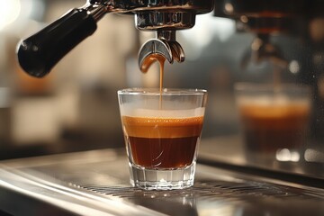 Close up of espresso pouring from a professional coffee machine into a clear glass on a silver surface