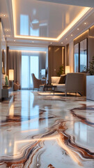 a luxurious epoxy self-leveling floor with a stunning marble pattern installed in a high-end residential interior, showcasing a private home's modern decor, with the floor being the central focal poin