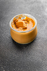 Coffee dessert mousse cream sweet dish fresh tasty gourmet food background on table rustic food top view copy space