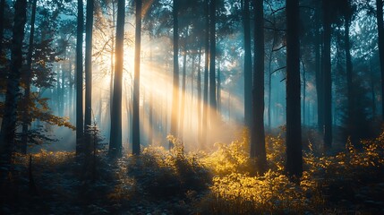 Fototapeta premium Sunrise through the misty forest with sunlight streaming through trees and fog