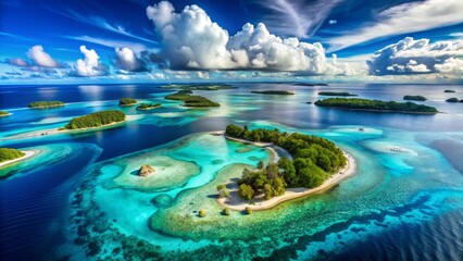 Obraz premium Tropical Island Paradise An Aerial View of Pristine Waters, Lush Greenery, and a Sandy Beach