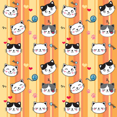 Fototapeta premium Playful cat-themed seamless pattern with adorable feline faces, yarn, and fishbones on a warm yellow-orange striped background. Ideal for kids' fabric and decor.