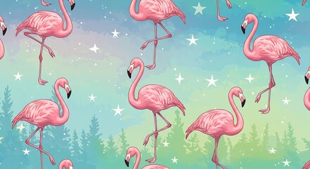 Obraz premium Cosmic Flamingo Flock AI Generated