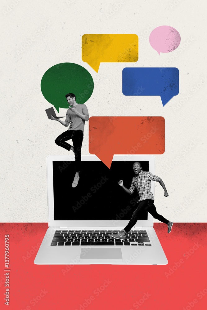 Poster Sketch vertical poster image collage of two happy guys stand laptop device keypad receive message communication chatterbox