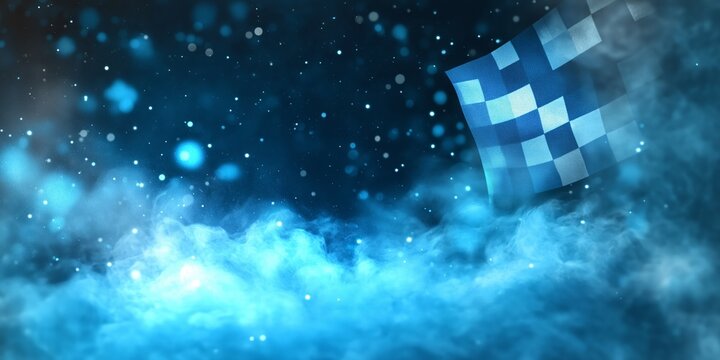 Checkered flag graphic design with an abstract background of dust and particles, a dynamic racing theme.