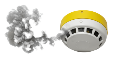 Isolated Yellow Smoke Detector with Simulated Smoke Cloud