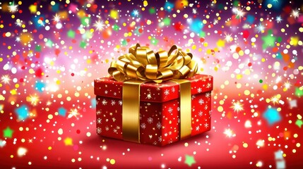 Obraz premium A beautifully wrapped gift box with a golden ribbon placed on a festive background with sparkling confetti.