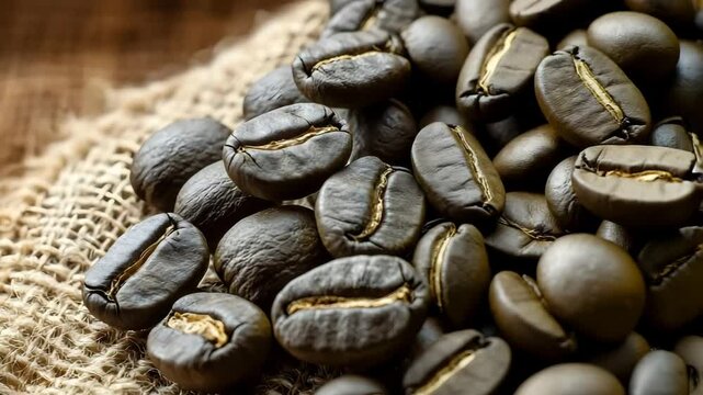 Drink Fragrance Energy, Unroasted coffee beans on textured burlap background