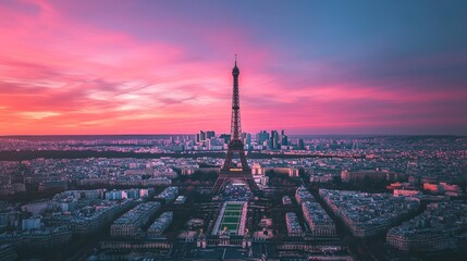 Fototapeta premium The breathtaking view from the top of the Eiffel Tower, overlooking the rooftops of Paris at sunset.