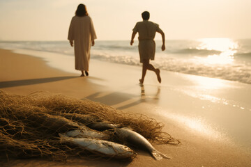 Abandoned fishing net on beach as sunrise Jesus departs