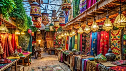 A vibrant indoor marketplace showcasing richly colored textiles and ornate hanging lanterns, creating a warm and inviting atmosphere.