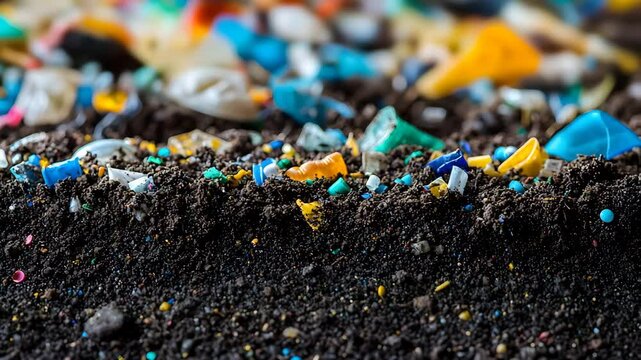 Garbage Nature Trash, view of soil polluted with multicolored microplastics