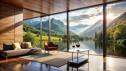 Fototapeta premium Serene Lakeside Living Room with Panoramic Mountain Views and Two Glasses of Red Wine on a Modern Coffee Table