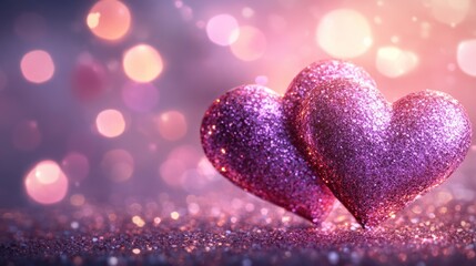 Fototapeta premium Two pink glitter hearts on sparkling background.