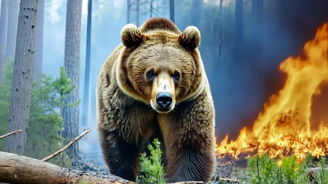 A Grizzly's Battle: A stoic grizzly bear stands defiantly amidst a burning forest, facing the inferno head-on, in a scene that conveys both the beauty and the destructive forces of nature.