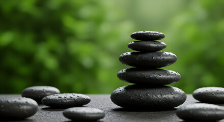 Stacked Black Stones with Water Droplets in Natural Green Background Offering Calm and Balance