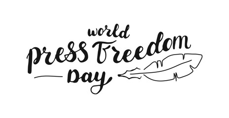 Fototapeta premium World Press Freedom Day hand drawn black text with pen. Handwritten words isolated on white background. Calligraphy lettering and feather for banner poster card.