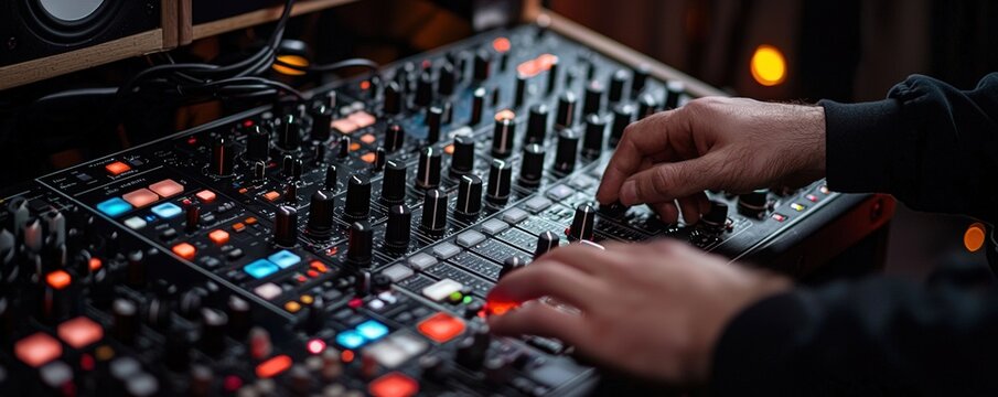Hands adjusting settings on a sound mixer with colorful lights in a music studio environment.