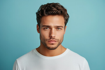 Obraz premium Chico de 20 años, modelo, con cabello corto y barba, español, mirando acámara con camiseta blanca y fondo azul pastel