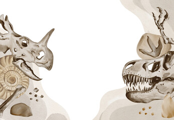 Frame with dinosaur fossils and cerepi. Ammonites and fossils. Predator tracks and big stones. Watercolor illustration isolated from background. Hand drawing. © Alena Sid