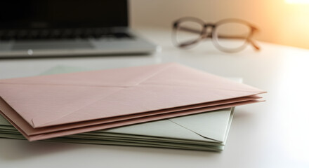 Stack of Pastel Envelopes on White Desk with Laptop and Glasses in Soft Light