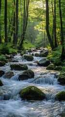 Fototapeta premium A forest stream with rocks and greenery illuminated by sunlight. Great for nature scenes, travel or relaxation themes.