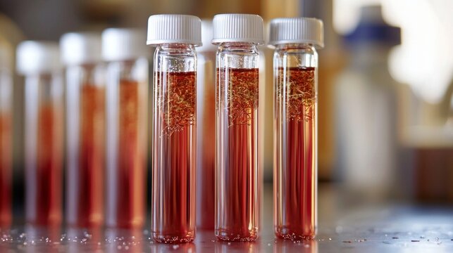 Three small glass vials of red liquid are lined up on a table