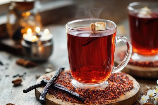 Close up of two glass mugs filled with red tea and garnished with vanilla sticks and a candle holder - Powered by Adobe