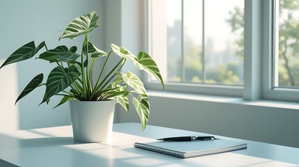 Bright Office Desk with Small Potted Plant and Laptop