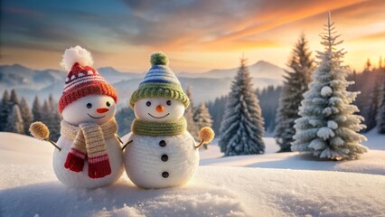 Obraz premium Winter Wonderland Two Adorable Snowmen Embrace the Golden Hour's Glow in a Snowy Mountain Landscape