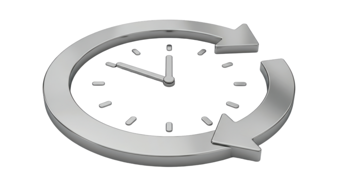 Isolated Silver Clock with Arrows in Circular Motion