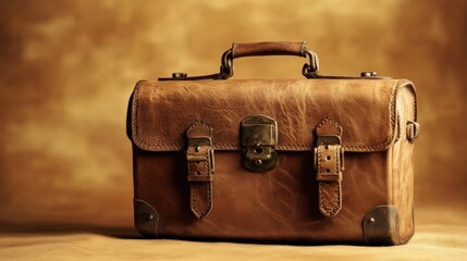 A classic leather vanity case in rich chocolate brown, set on a warm golden background.