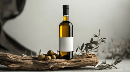 Naklejka premium A bottle of olive oil with the olives and wooden branch. 4