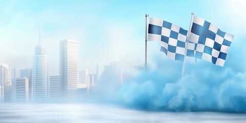 Checkered flag graphic design with an abstract background of dust and particles, a dynamic racing theme.