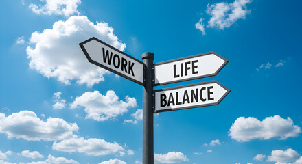 Pixelated Signpost Depicting Work Life Balance Choice Under a Blue Sky with Puffy Clouds