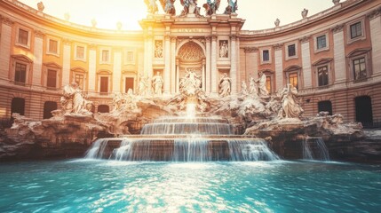 Naklejka premium The spectacular Trevi Fountain in Rome, Italy, with water cascading over intricately carved statues.