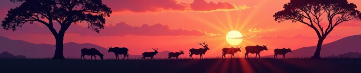 animal herd grazing at dusk with silhouetted trees , vector farm animals, tree