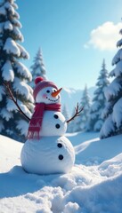 Fototapeta premium A snowman stands in a serene winter landscape with snow-covered trees and a bright blue sky , snowman, wintery