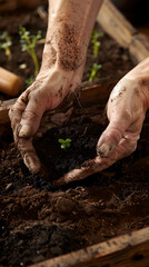 Hands nurturing a young plant in rich soil during a gardening session in springtime near a wooden garden bed