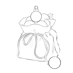 Sack filled with Christmas ornaments in clean line art style, ideal for festive, holiday, and seasonal decoration illustrations.