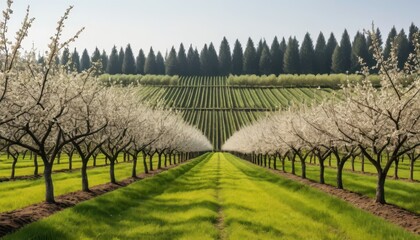 Fototapeta premium Blooming Orchard Rows and Vineyard Landscape Spring Scenery in a Picturesque Rural Setting