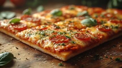 Floating pizza slices topped with cheese, tomato, and basil, offering a deliciously tempting visual on a white backdrop.