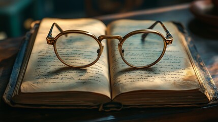 A pair of vintage gold-rimmed spectacles resting on a weathered open journal. 5