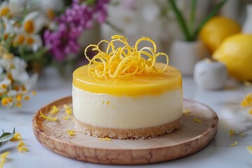 Bright Lemon Cheesecake with Zesty Glaze and Spirals on Top
