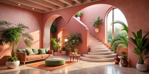 Fototapeta premium Serene Living Room with Modern Staircase and Abundant Tropical Greenery in a Dusty Rose Interior
