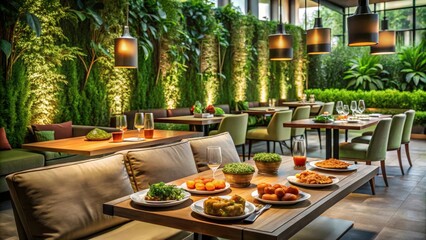 Serene Restaurant with Lush Greenery, Elegant Seating, and Delicious Cuisine on Display