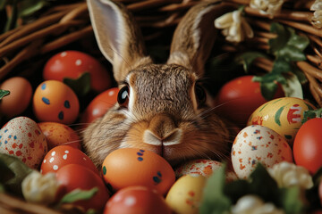 Easter Bunny Nestled Among Colorful Eggs. A close-up of a cute rabbit nestled among various colored Easter eggs and greenery, creating a festive and heartwarming scene.