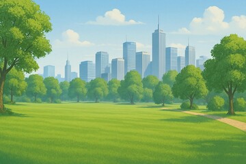 Fototapeta premium A Digital Illustration of a Green Grass Field in a City Park