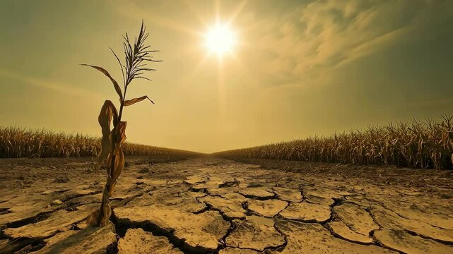 A dried, withered corn in the middle of a barren cornfield on sunny day. Climate change, Agricultural collapse and the struggle for survival in a parched environment	