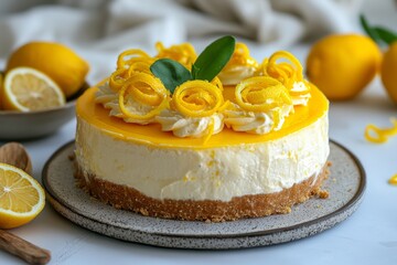 Bright Lemon Cheesecake with Glaze and Zest Spirals for Fresh Dessert Styling